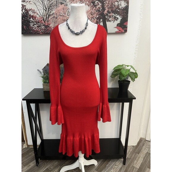 Almost Famous Women’s Midi Dress Plus 2XL Bodycon Ribbed Long Sleeve Scoop Neck - Picture 1 of 12